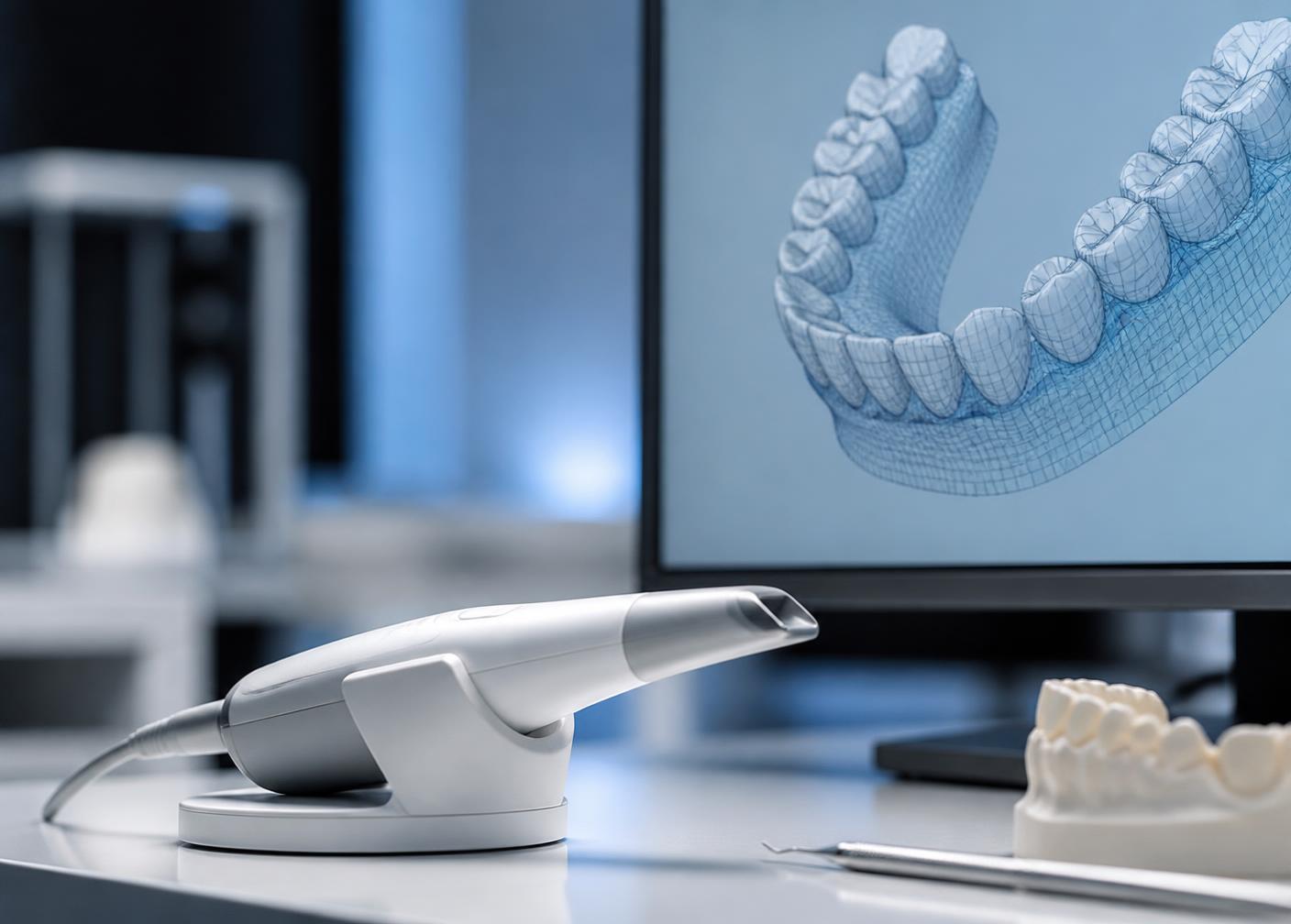 Intraoral scanner beside a monitor showing a digital wireframe of a dental arch