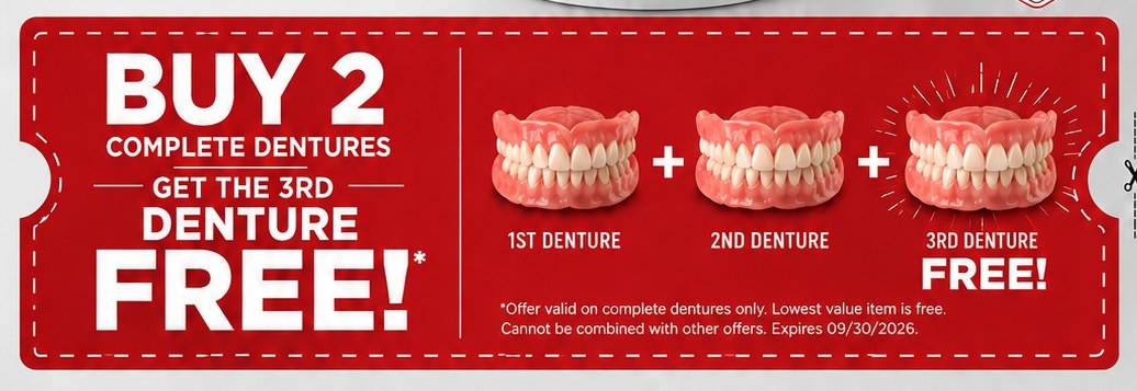 Detail of the Three in One Dental Designs flyer coupon panel reading Buy 2 complete dentures, get the 3rd denture free.