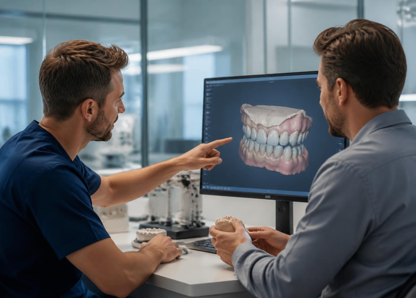 A dentist and a dental technician reviewing a 3D digital dental scan together on a monitor
